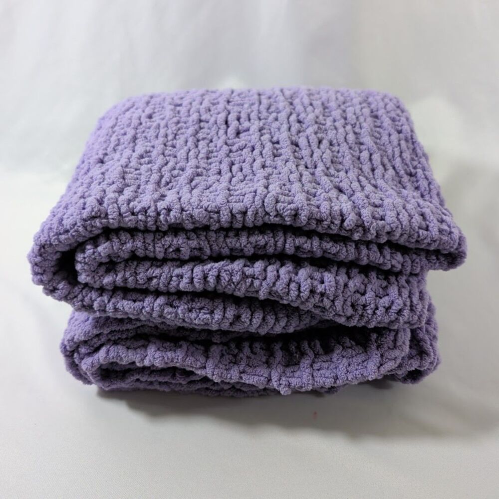 Handmade Crochet Baby Blanket Purple Plush Chenille 38x23 Soft Textured